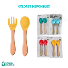 Cargar imagen en el visor de la galería, Set de Cubiertos en silicona y bambú / lo mejor para el bebé